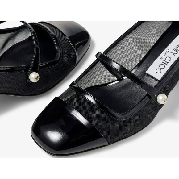 Jimmy Choo Elisa Black Mesh Pearl Mary Jane Sz 38 NEW - Picture 2 of 12